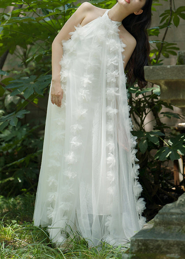 White Lace Up Tulle Maxi Dresses Summer