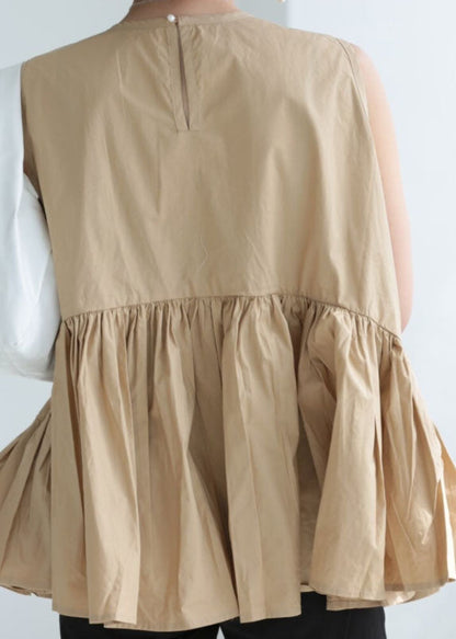 Simple Khaki O-neck Patchwork Exra Large Hem Cotton Tanks Sleeveless