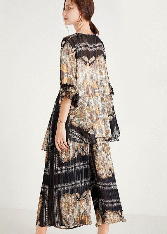 Black Print Apricot O-neck Top Wide Leg Summer Two Pieces Set