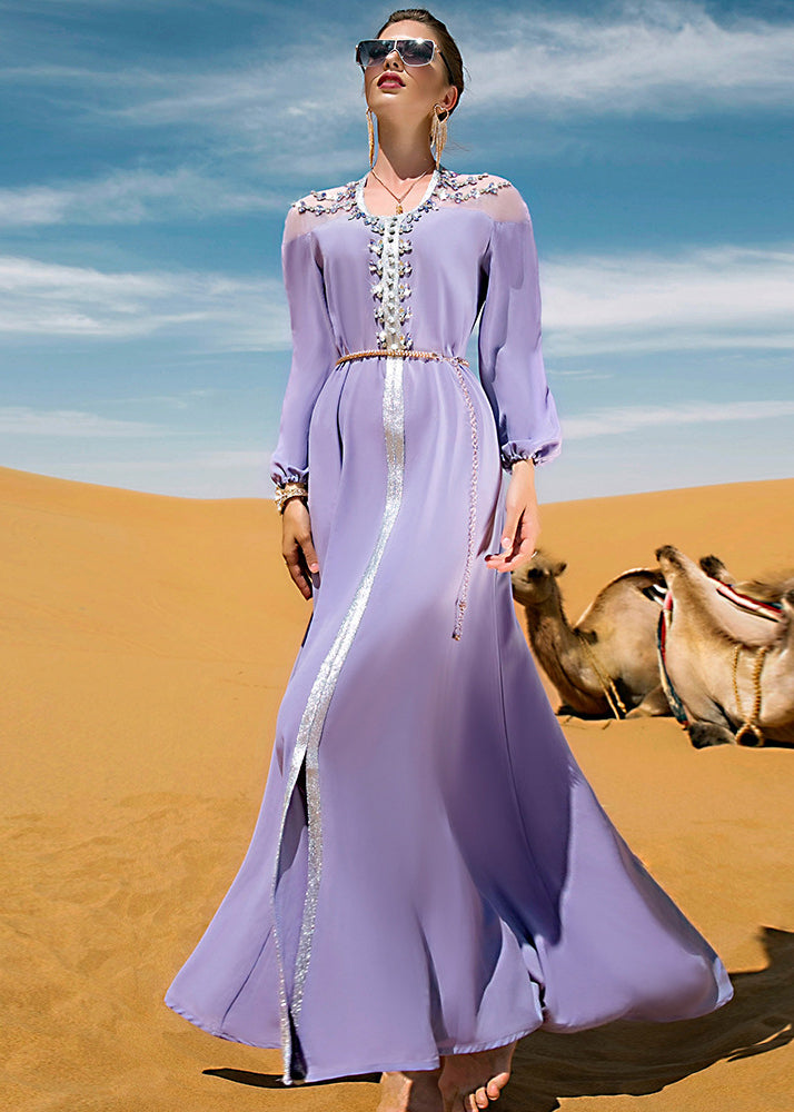 Purple O-neck Lace Patchwork Tie Waist Chiffon Long Dress Fall