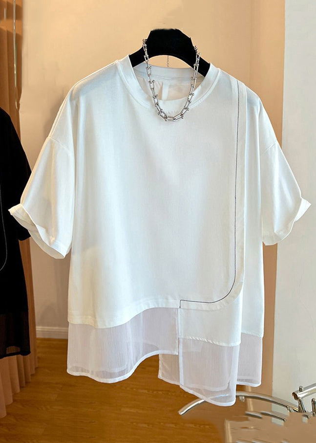 Loose Black O-neck Patchwork Cotton T Shirt Summer