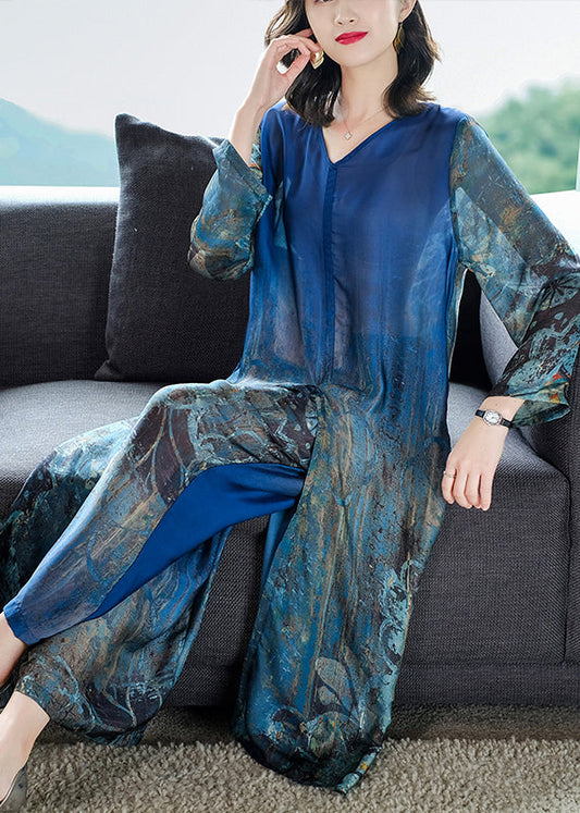 Boutique Blue V Neck Side Open Print Silk Dress and Wide Leg Pants Sets Two Pieces Summer