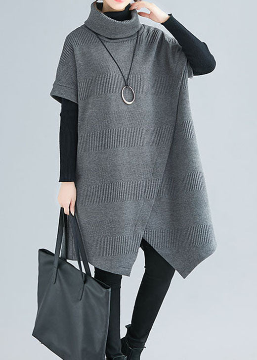 Grey Turtle Neck Asymmetrical Design Dresses Short Sleeve