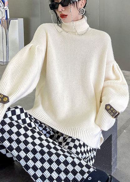 French Apricot Turtleneck Low High Design Loose Fall Knitted Sweaters