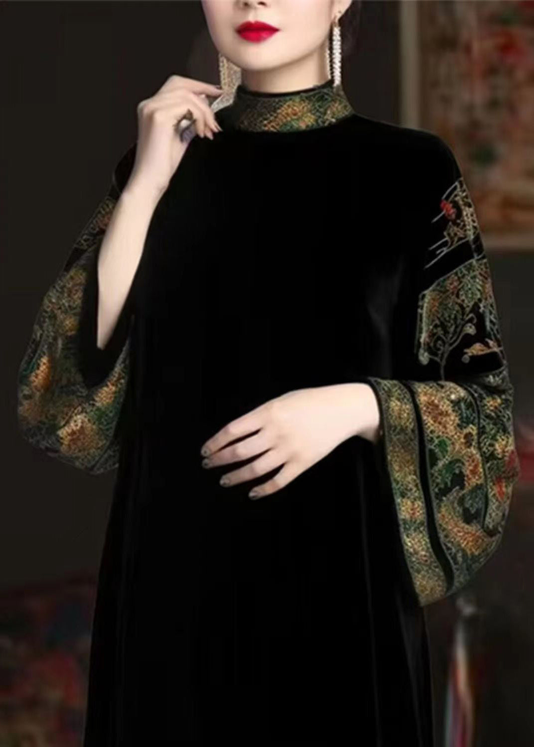 Black Turtleneck Print Patchwork Silk Velour Long Dresses Fall