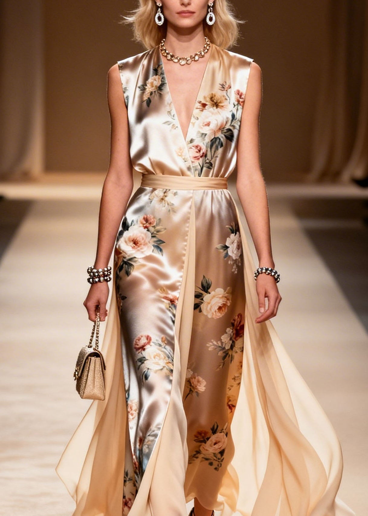 V Neck Print Patchwork Chiffon Dress Sleeveless