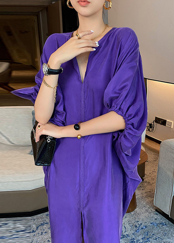 Purple V Neck Patchwork Silk Maxi Dresses Long Sleeve