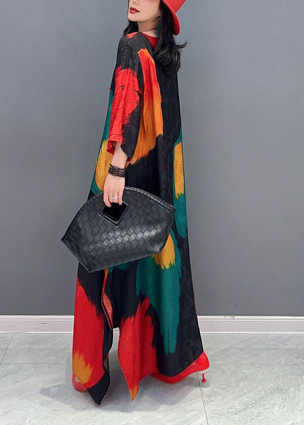 Colorblock O Neck Print Patchwork Cotton Maxi Dress Spring
