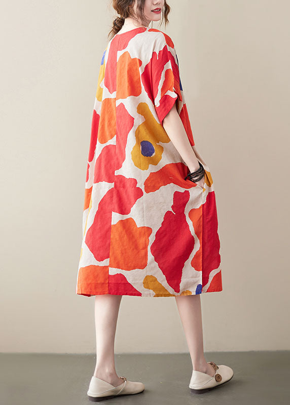 Red Print Cotton Holiday Dresses O-neck Short Sleeve