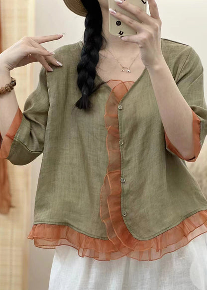 Blackish Green V Neck Organza Patchwork Button Ramie Shirt Fall