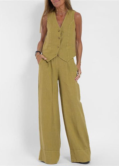 Olive Green Pockets Linen Two Pieces Set V Neck Summer