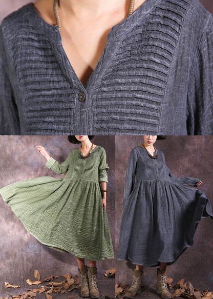 French Grey V Neck Wrinkled Cotton Holiday Dress Spring