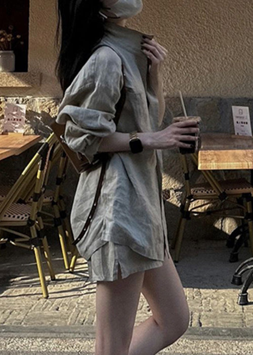 Loose Khaki Pockets Shirt and Shorts Cotton Two Pieces Set Summer