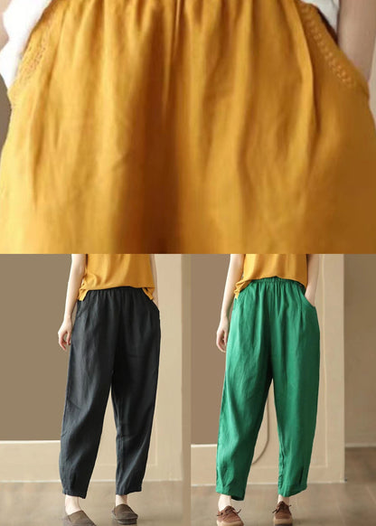 Green Pockets Patchwork Linen Pants Elastic Waist Summer