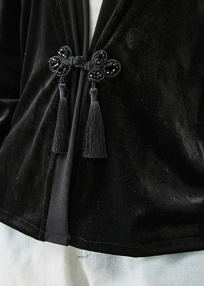 Black Tasseled Chinese Button Silk Velour Coats Fall