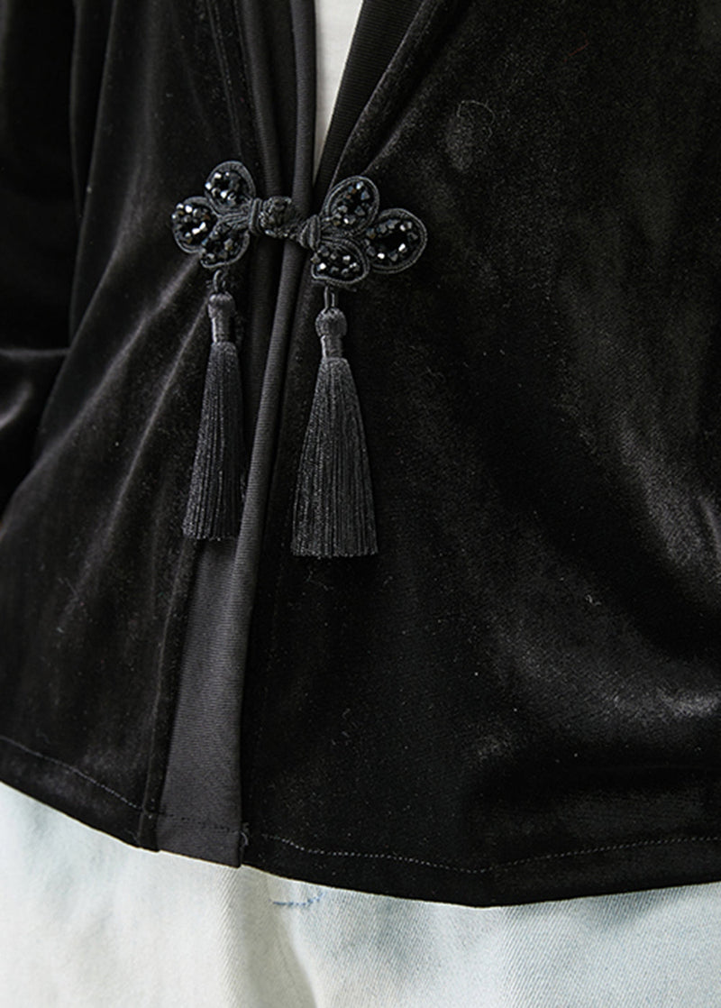 Black Tasseled Chinese Button Silk Velour Coats Fall