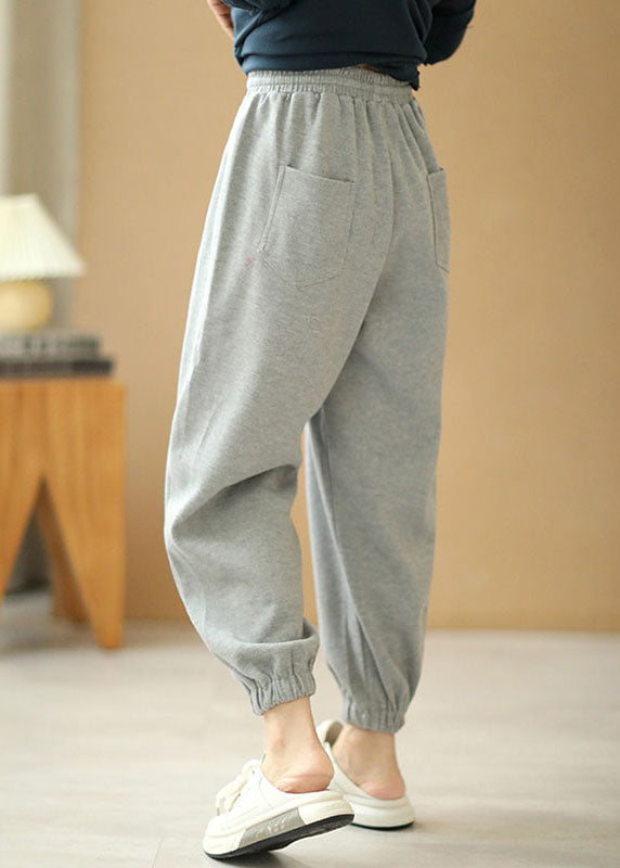 Grey Tie Waist Pockets Harem Fall Pants Cotton
