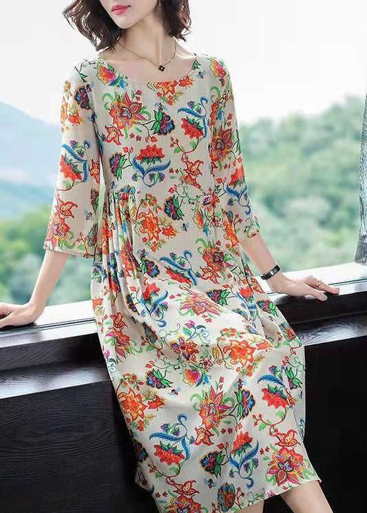 French O-neck Wrinkled Print Chiffon Dress Three Quarter Sleeve