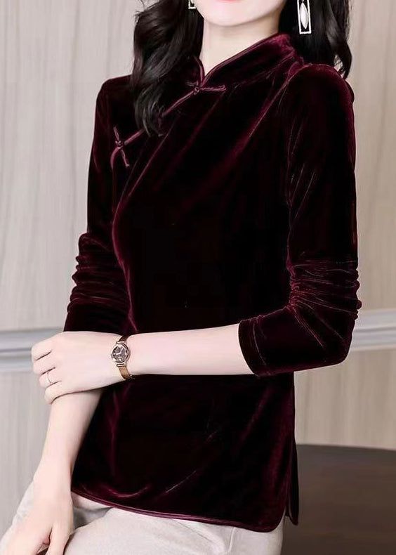 Mulberry Stand Collar Chinese Button Patchwork Velour Shirts Fall