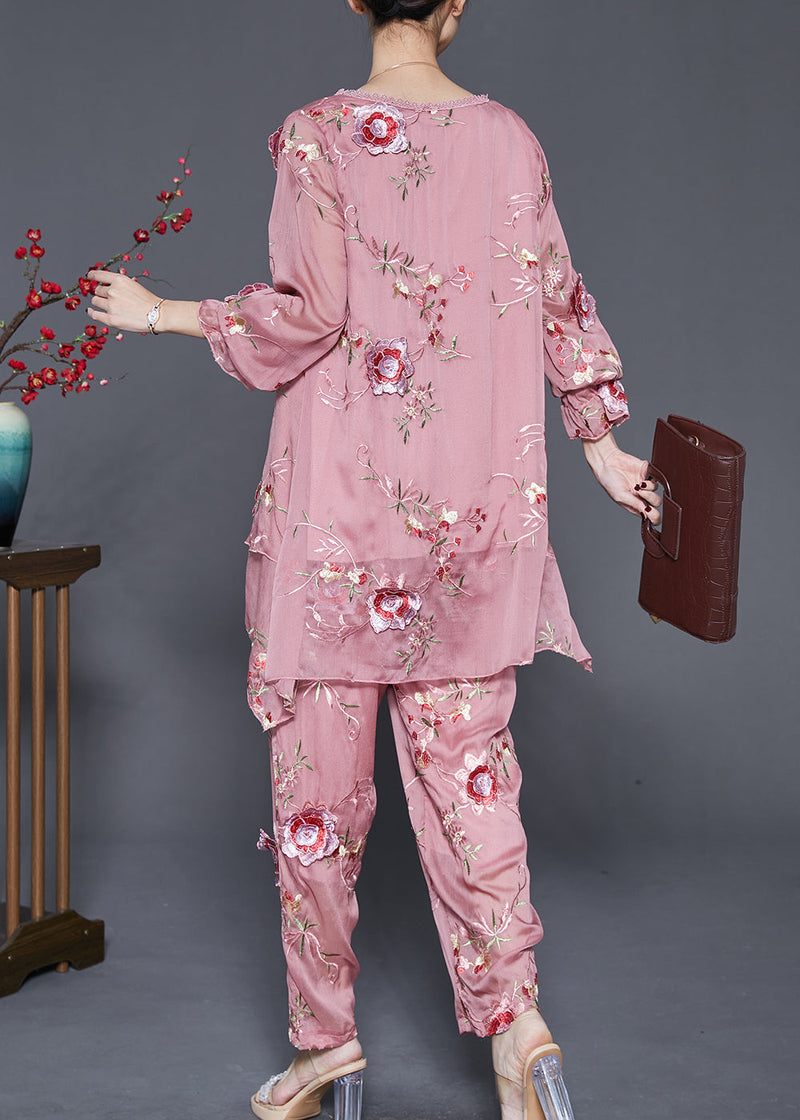 Simple Pink Asymmetrical Design Embroidered Silk Two Pieces Set Spring