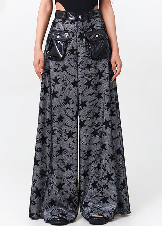 Black Pockets Patchwork Denim Wide Leg Pants Spring