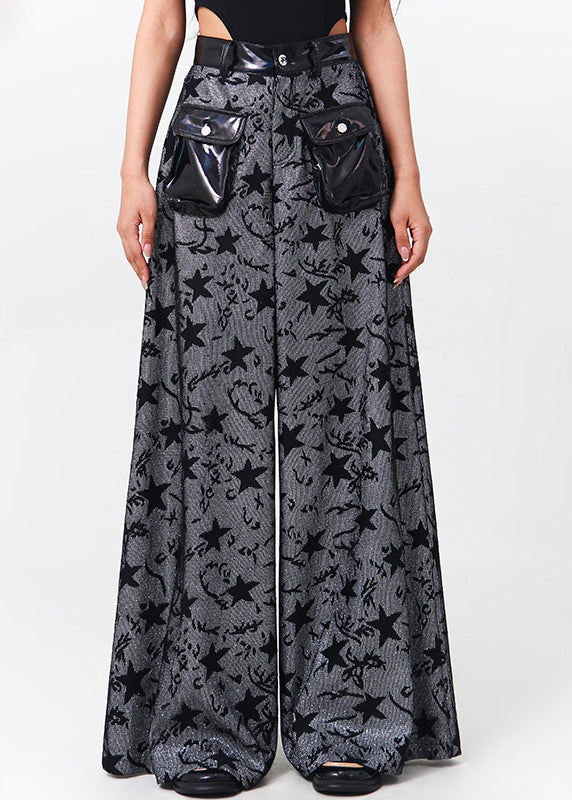 Black Pockets Patchwork Denim Wide Leg Pants Spring