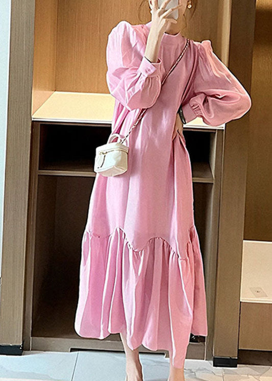 Pink O-neck Patchwork Wrinkled Long Dress Spring