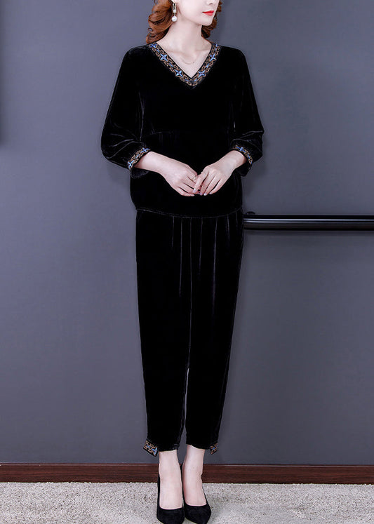 Black Print Silk Velour Top and Beam Pants Two Pieces Set Long Sleeve