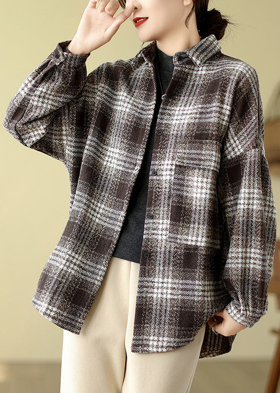 Orange Plaid Peter Pan Collar Woolen Shirts Tops Fall
