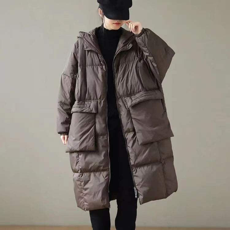 Green Hooded Zippered Pockets Winter Down Coat Long Sleeve