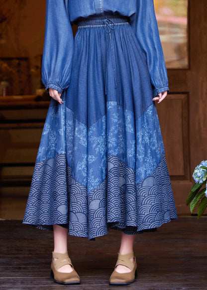 Denim Blue Print Tie Waist Maxi Skirt Summer