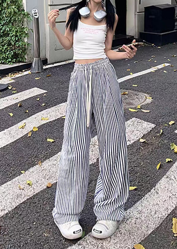 Blue Striped Elastic Waist Cotton Wide Leg Pants Summer