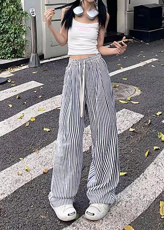 Blue Striped Elastic Waist Cotton Wide Leg Pants Summer
