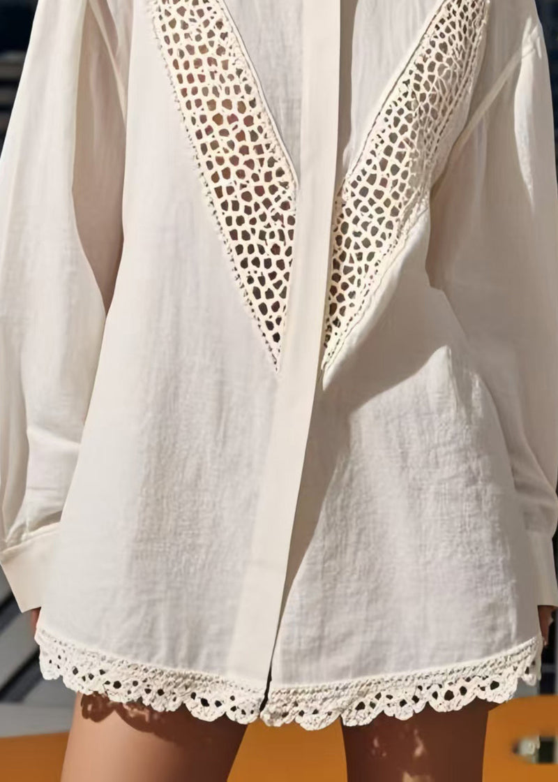 White Patchwork Cotton Shirts Hollow Out Spring