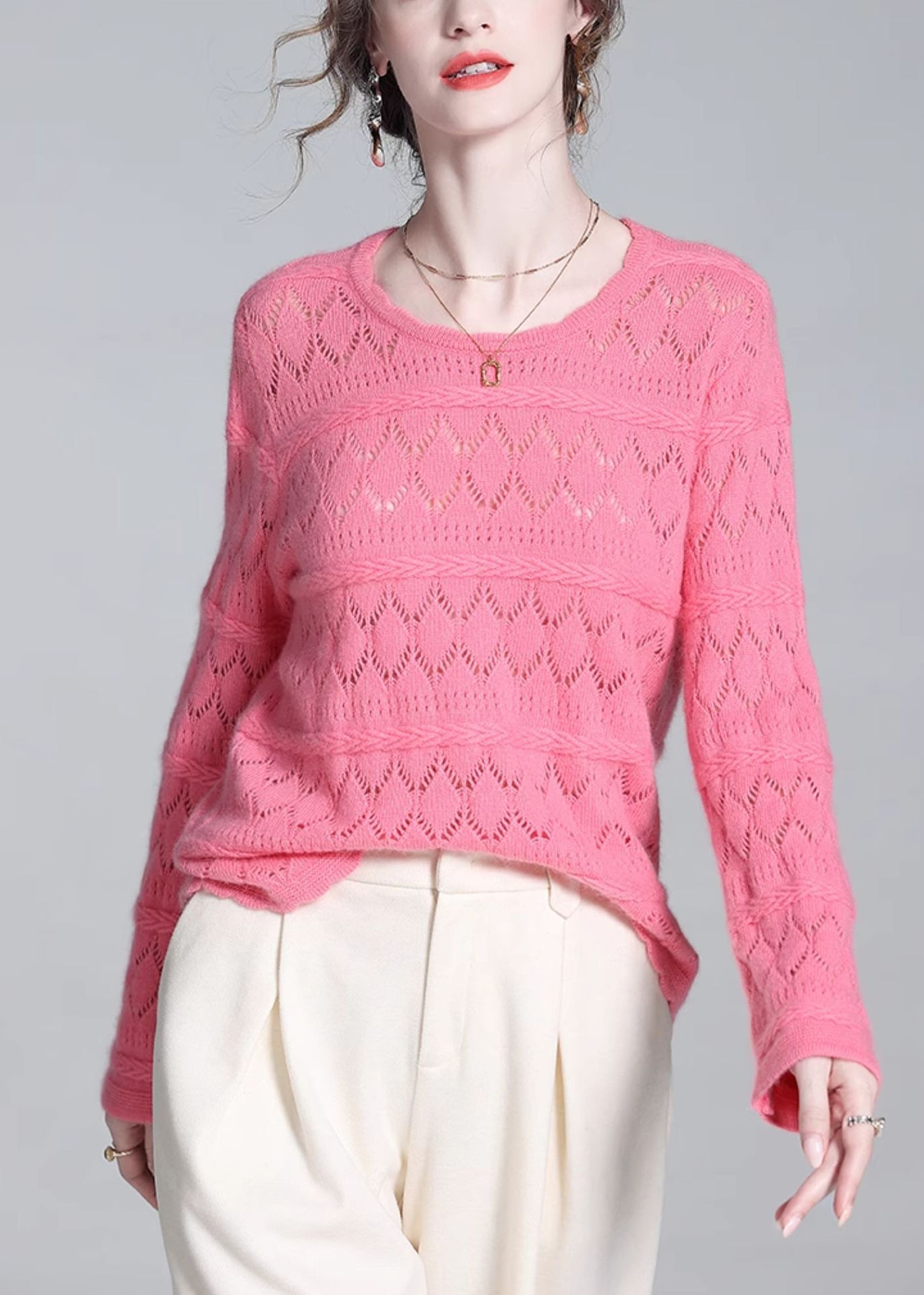 Simple Pink Hollow Out Wool Knit Sweater Winter