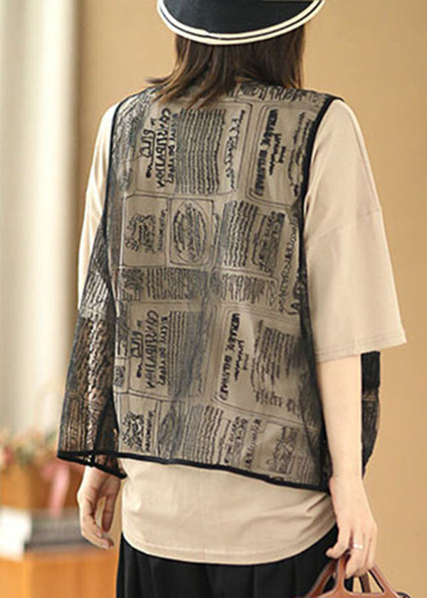 Khaki O-neck Color Cotton Tanks and Black Embroideried Tulle Vest Two Pieces Set Summer