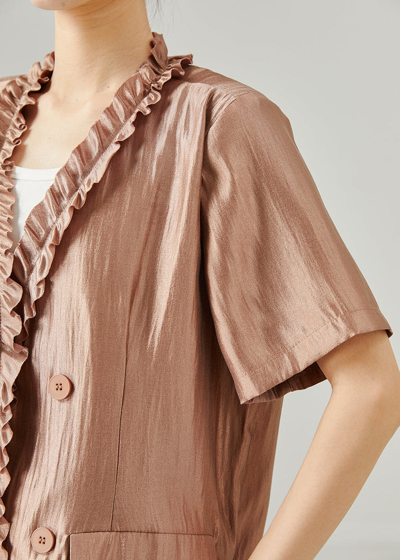 Stylish Brown Ruffled Silk Sets 2 Pieces Summer