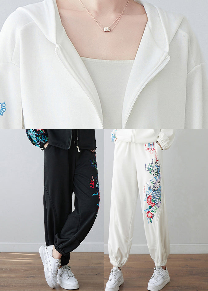 White Embroideried High Waist Pockets Beam Pants Fall