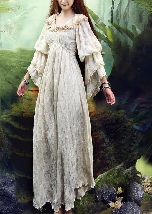 Beige Ruffled Silk Velour Long Dresses Puff Sleeve