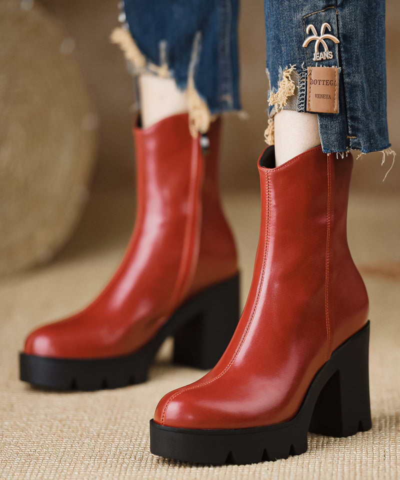 Red Handmade Chunky Cowhide Leather Splicing Boots