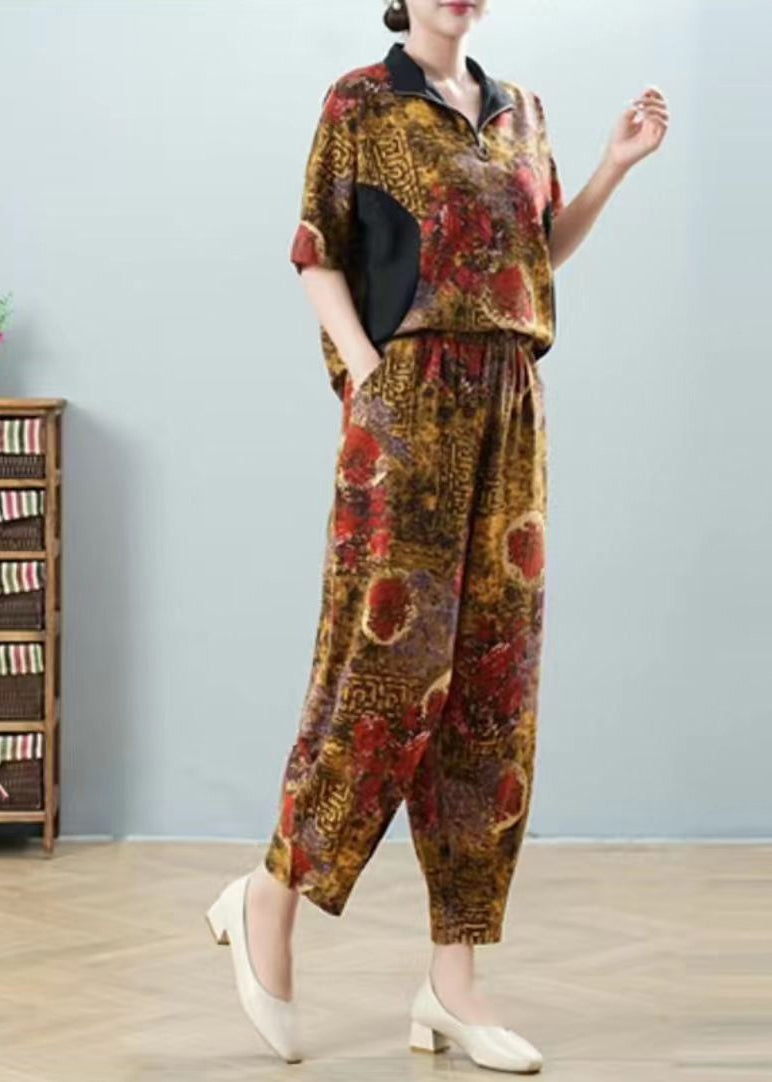 Unique Yellow Stand Collar Zippered Patchwork Shirt and Harem Pants Two Pieces Set Summer