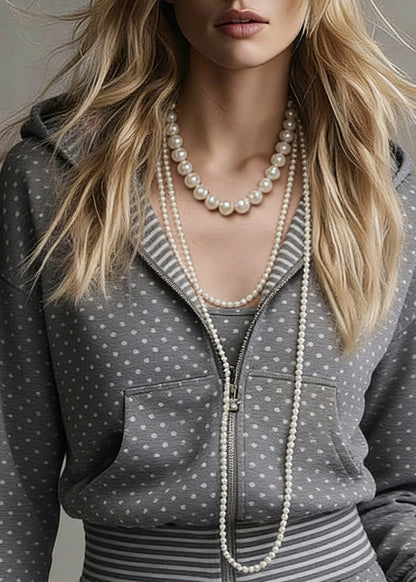Grey Dot Zippered Pockets Hooded Coats Long Sleeve