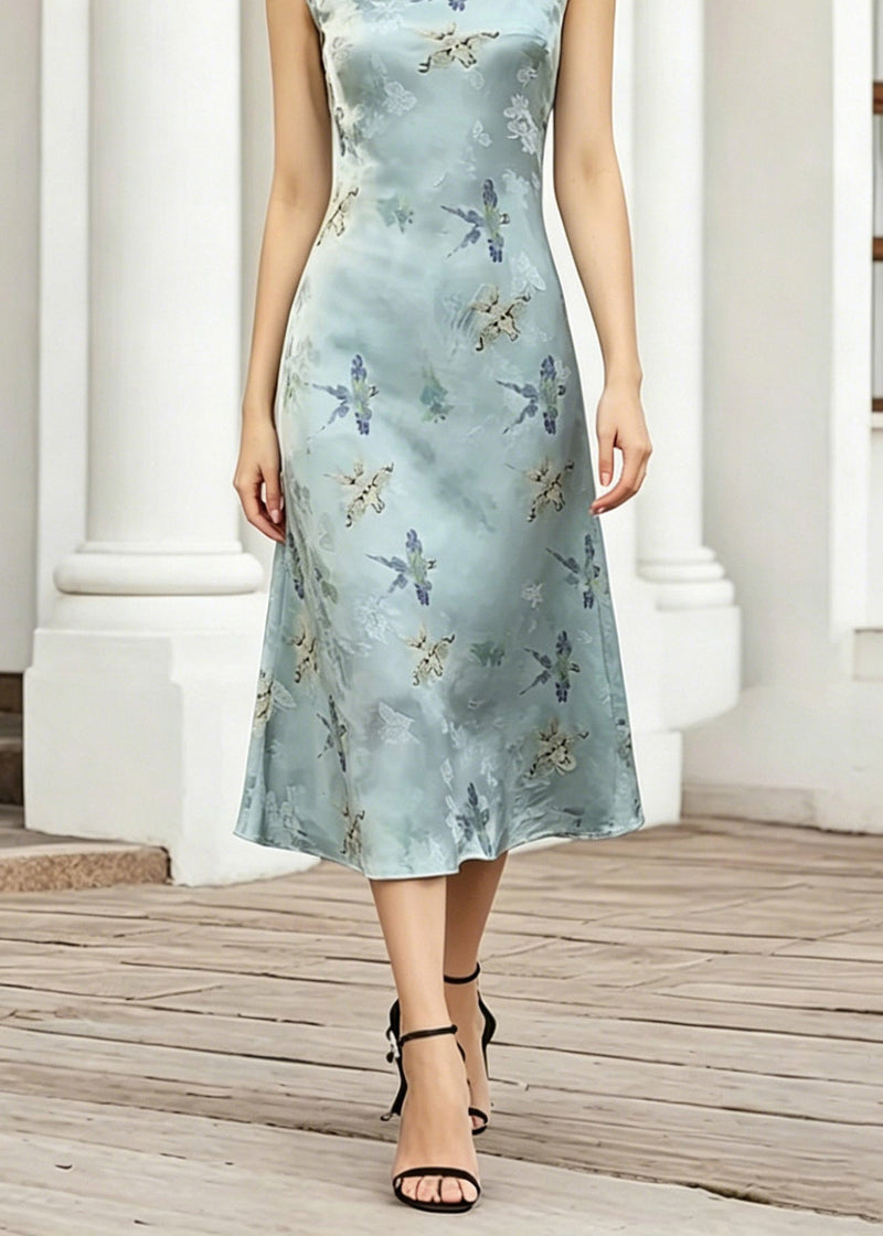 Blue O-neck Print Long Dress Short Sleeve
