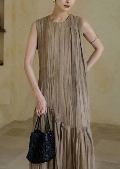 New Khaki Wrinkled Patchwork Cotton Long Dresses Sleeveless