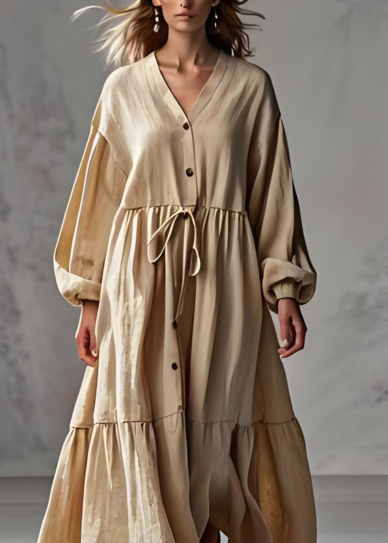 Apricot V Neck Wrinkled Patchwork Cotton Long Dress Lantern Sleeve