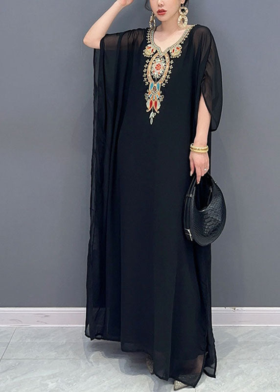 Black V Neck Embroideried Patchwork Tulle Maxi Dresses Long Sleeve