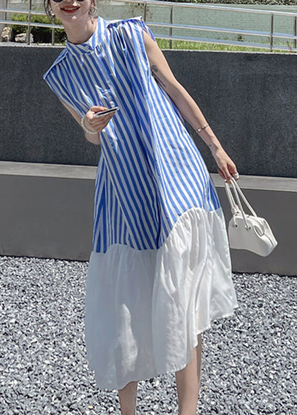 Blue Striped Patchwork Button Chiffon Long Dress Summer