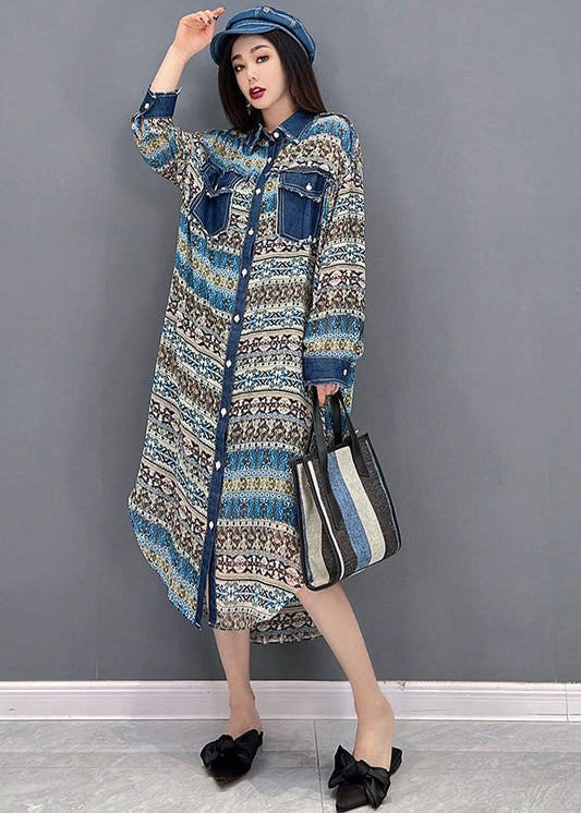 Blue Peter Pan Collar Denim Patchwork Chiffon Shirt Dress Long Sleeve