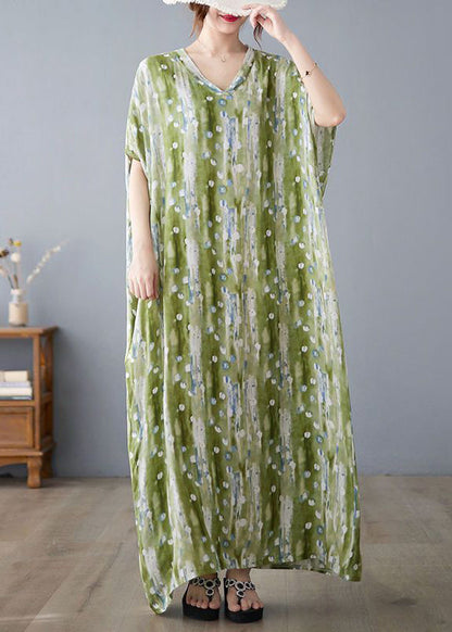 Green V Neck Print Linen Long Dress Summer