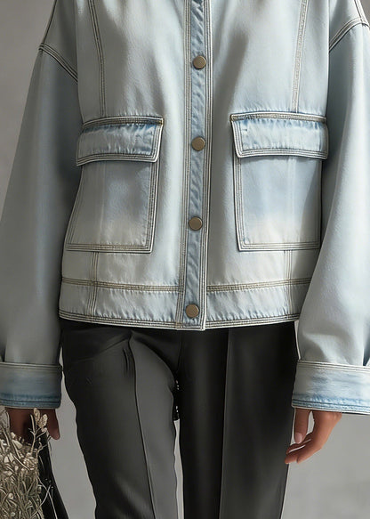 Blue O-neck Pockets Denim Coat Long Sleeve